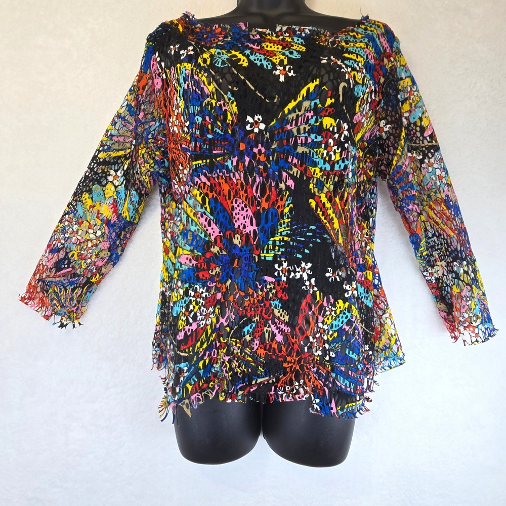 Vtg Laser Cut Mesh Butterfly Floral Print Long Sleeve Indie Dopamine Women Large